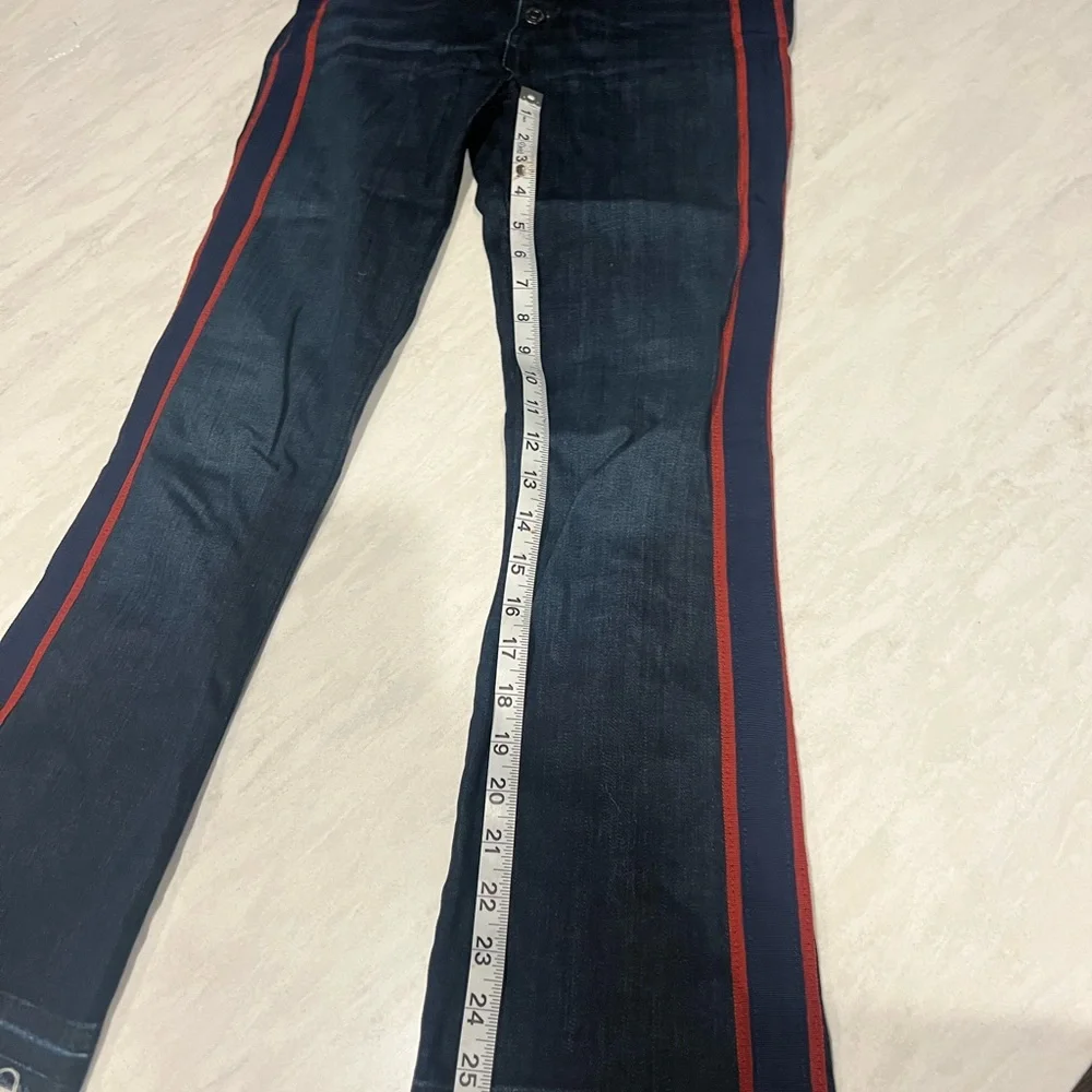 Veronica Beard Dark Blue Cropped Jeans with Red Side Stripes, hem is a raw edge - Picture 8 of 12